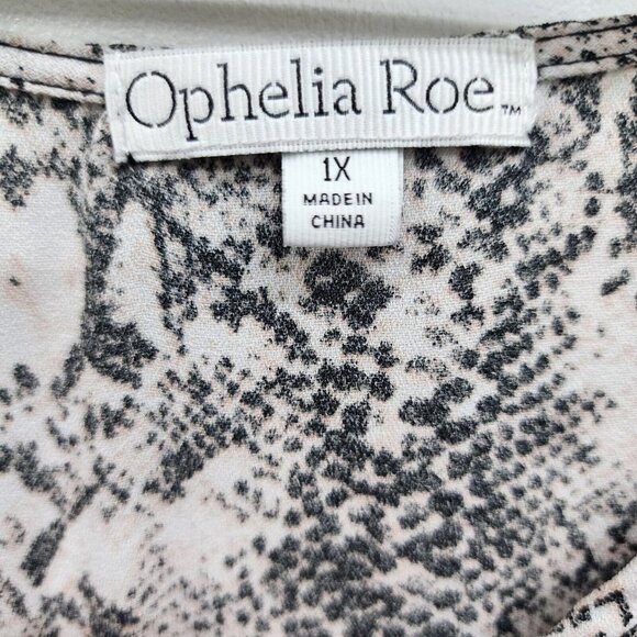 Ophelia‎ Roe Womens Snakeskin Ruffle Tunic Top Size 1X Bell Sleeve Pink Black - Picture 7 of 13